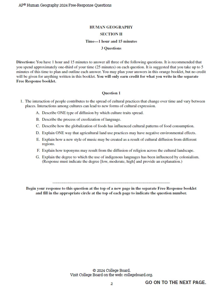 AP Human Geography - 13 Official Full Exam Papers from Year 2001 to 2024 with Answer