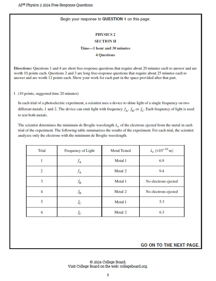 AP Physics 2 - 10 Official Full Exam Papers from Year 2014 to 2024 with Answer