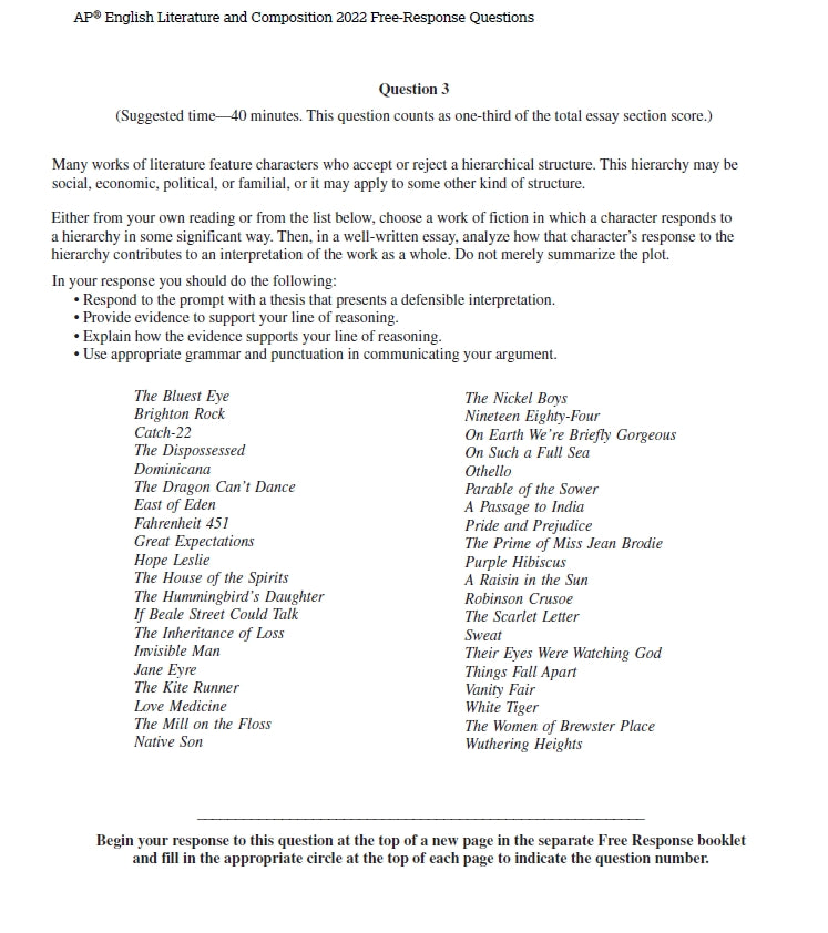 AP English Literature - 8 Official Full Exam Papers from Year 2012 to 2022 with Answer